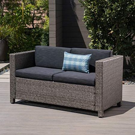 Christopher Knight Home Puerta Outdoor Wicker Loveseat with Cushions, Grey / Mixed Black Cushions