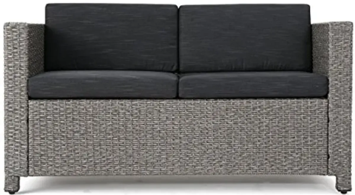 Christopher Knight Home Puerta Outdoor Wicker Loveseat with Cushions, Grey / Mixed Black Cushions