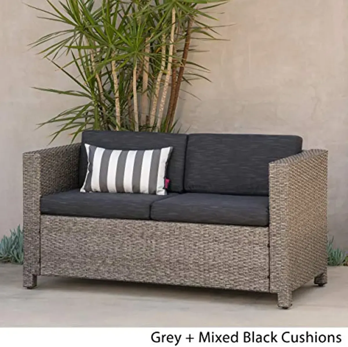 Christopher Knight Home Puerta Outdoor Wicker Loveseat with Cushions, Grey / Mixed Black Cushions