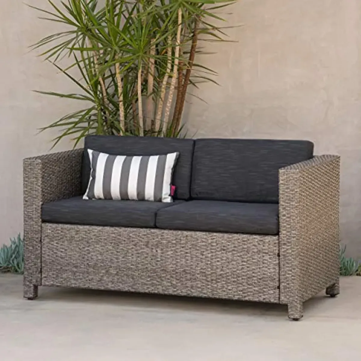 Christopher Knight Home Puerta Outdoor Wicker Loveseat with Cushions, Grey / Mixed Black Cushions