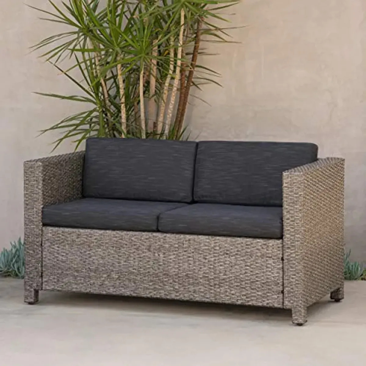 Christopher Knight Home Puerta Outdoor Wicker Loveseat with Cushions, Grey / Mixed Black Cushions