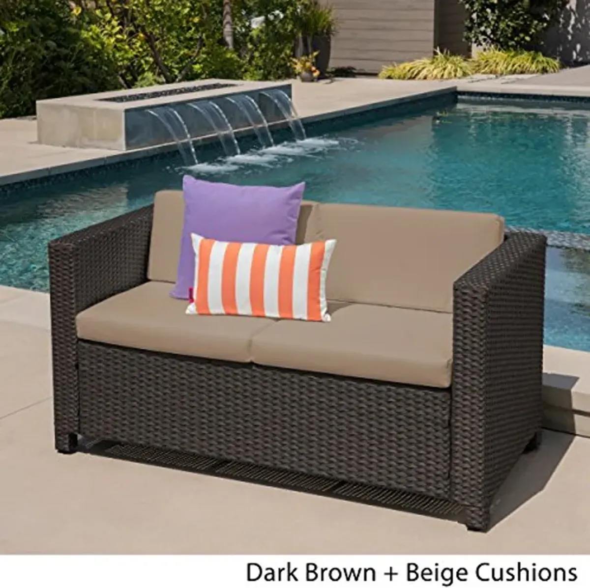 Christopher Knight Home Puerta Outdoor Wicker Loveseat with Cushions, Dark Brown / Beige Cushions