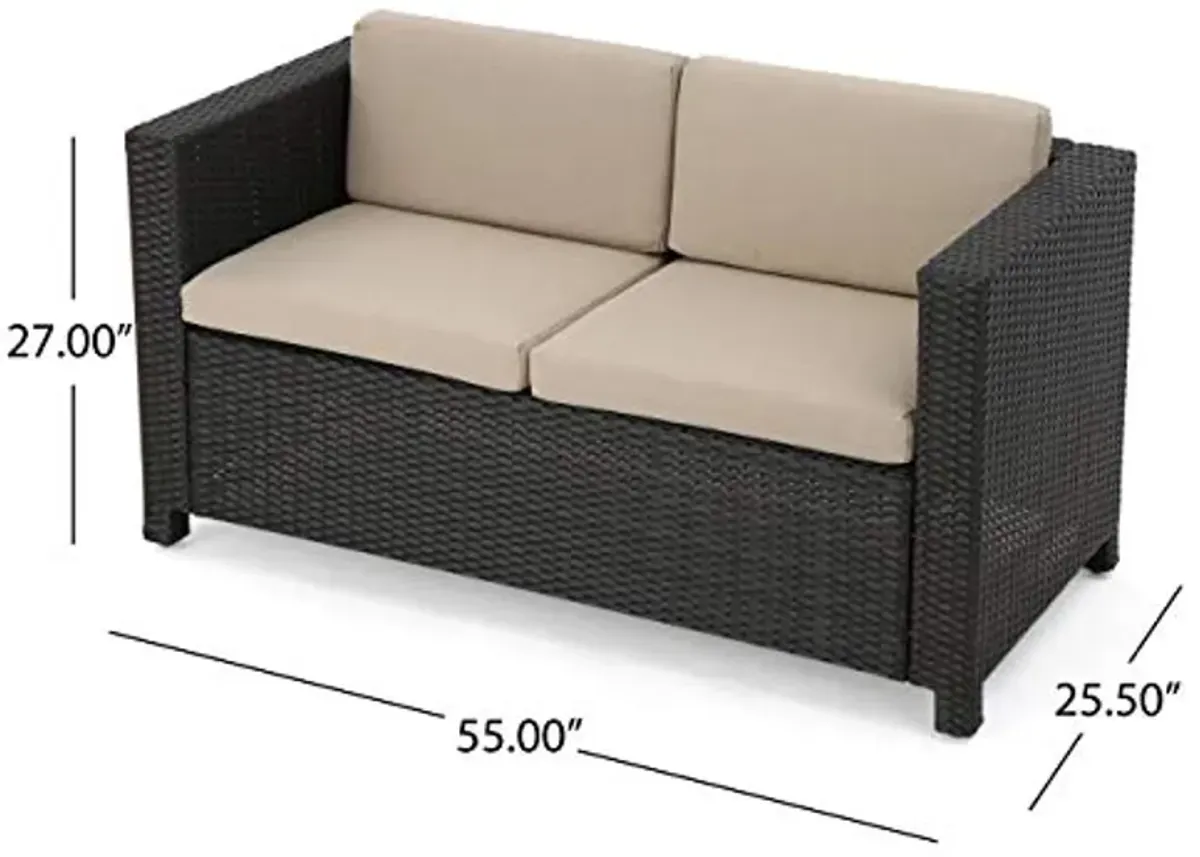 Christopher Knight Home Puerta Outdoor Wicker Loveseat with Cushions, Dark Brown / Beige Cushions