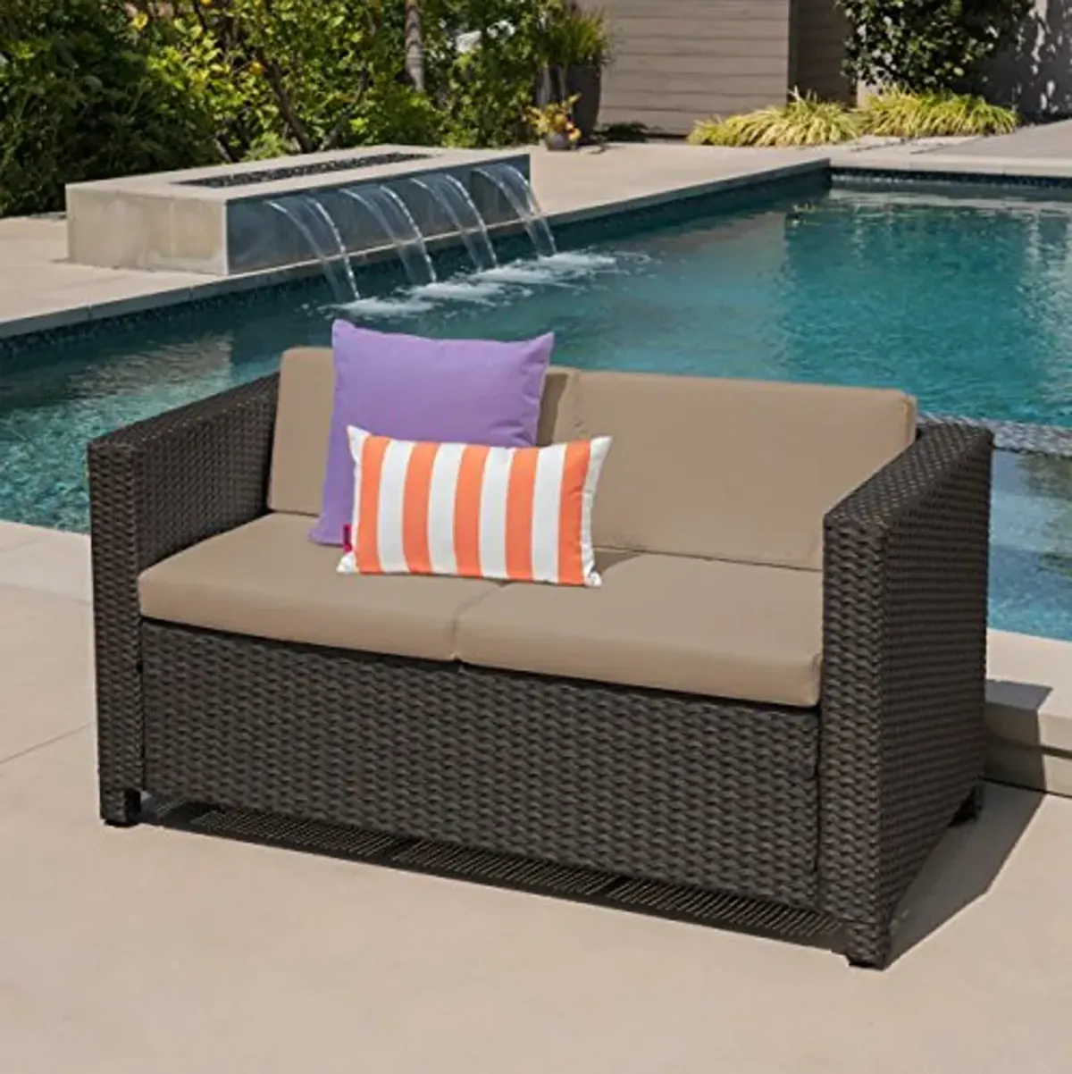 Christopher Knight Home Puerta Outdoor Wicker Loveseat with Cushions, Dark Brown / Beige Cushions