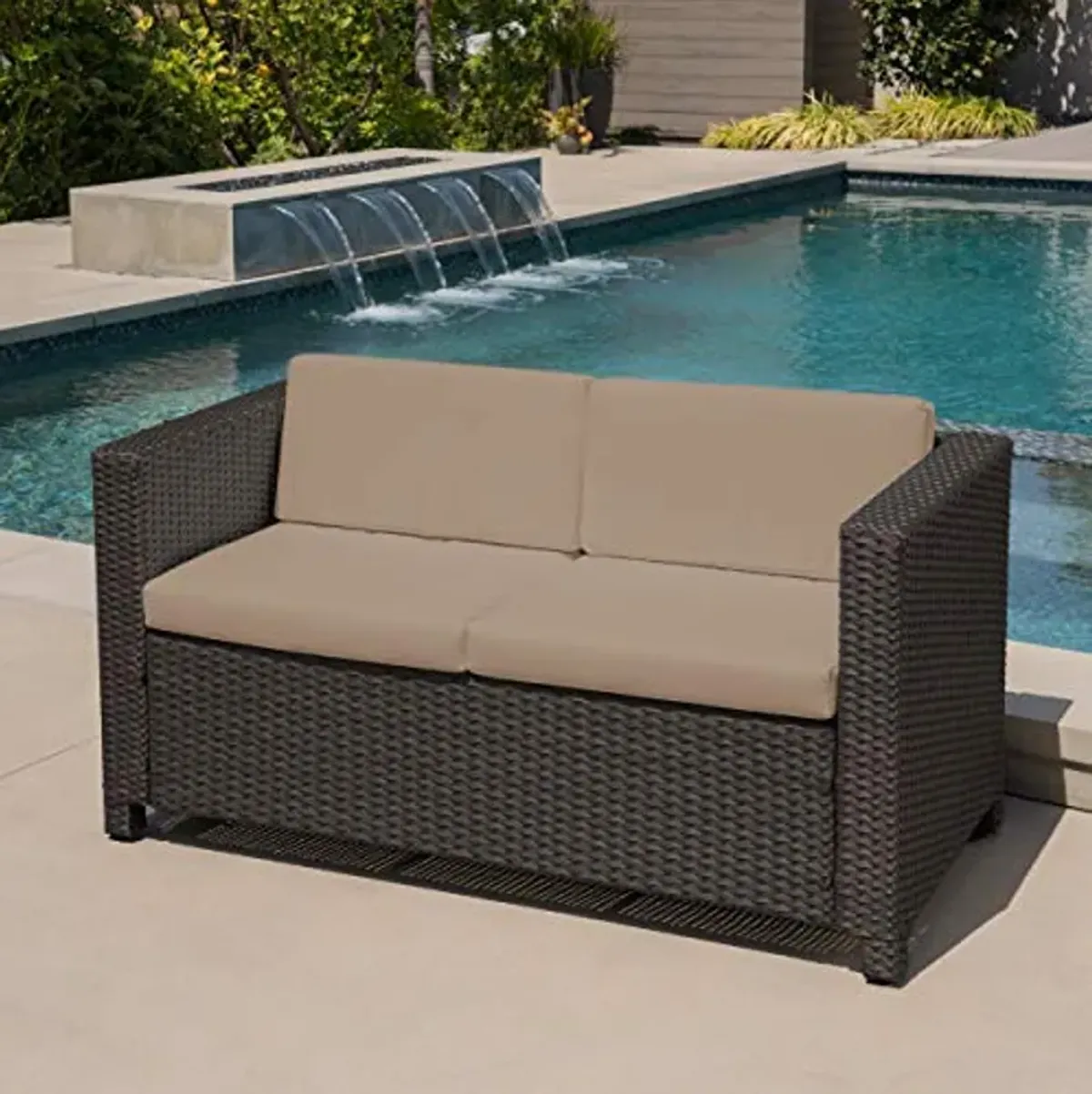 Christopher Knight Home Puerta Outdoor Wicker Loveseat with Cushions, Dark Brown / Beige Cushions