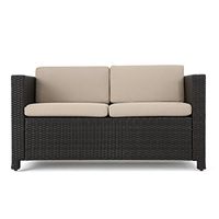 Christopher Knight Home Puerta Outdoor Wicker Loveseat with Cushions, Dark Brown / Beige Cushions
