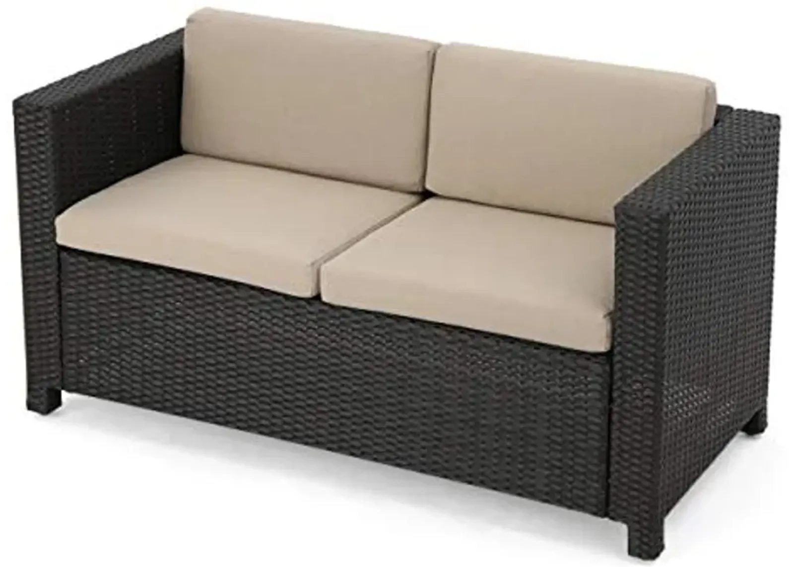 Christopher Knight Home Puerta Outdoor Wicker Loveseat with Cushions, Dark Brown / Beige Cushions