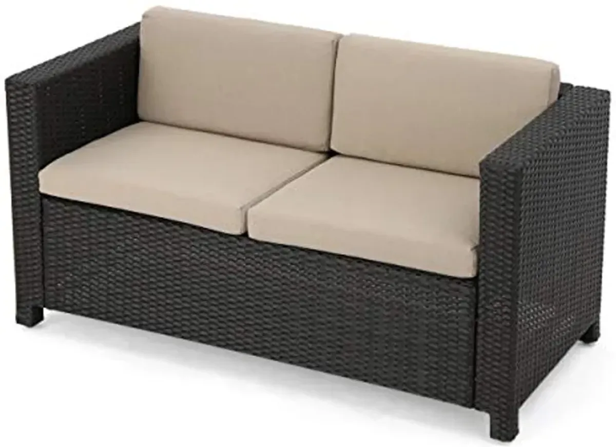 Christopher Knight Home Puerta Outdoor Wicker Loveseat with Cushions, Dark Brown / Beige Cushions