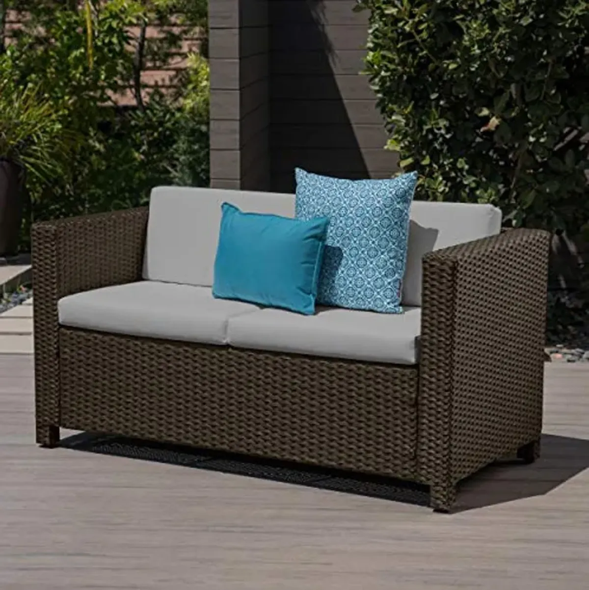 Christopher Knight Home Puerta Outdoor Wicker Loveseat with Cushions, Brown / Ceramic Grey Cushions