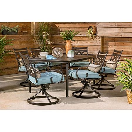 Hanover Montclair 7-Piece All-Weather Outdoor Patio Dining Set, 6 Swivel Rocker Chairs with Comfortable Blue Seat and Lumbar Cushions, 40"x66" Stamped Rectangle Table, MCLRDN7PCSQSW6-BLU