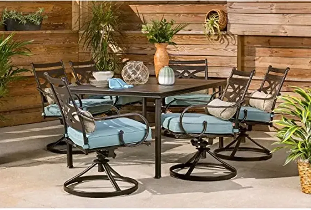 Hanover Montclair 7-Piece Outdoor Dining Set with 6 Swivel Rockers, Ocean Blue Cushions and Stamped Steel Rectangular Dining Table, Patio Dining Set for 6, Premium All-Weather Patio Furniture for Deck