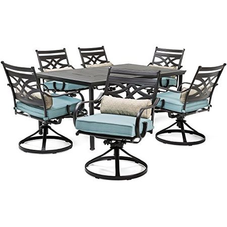 Hanover Montclair 7-Piece All-Weather Outdoor Patio Dining Set, 6 Swivel Rocker Chairs with Comfortable Blue Seat and Lumbar Cushions, 40"x66" Stamped Rectangle Table, MCLRDN7PCSQSW6-BLU