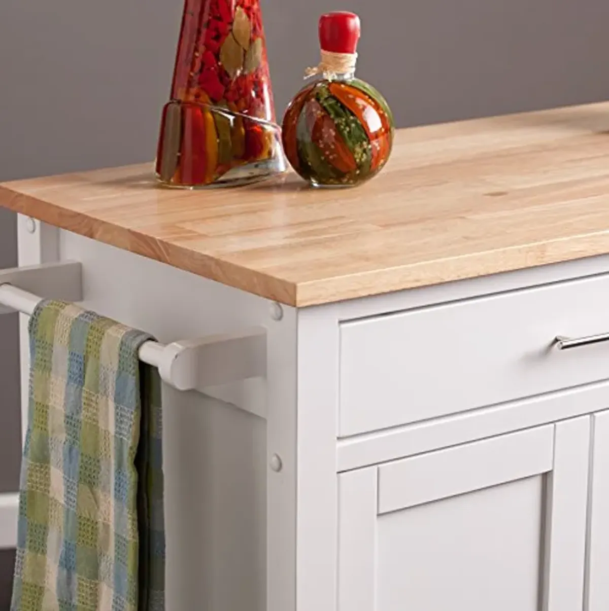 SEI Furniture Rolling Kitchen Cart Island - Fixed Shelves w/Cabinet - White Finish w/Wood Top, AMZ7723AK