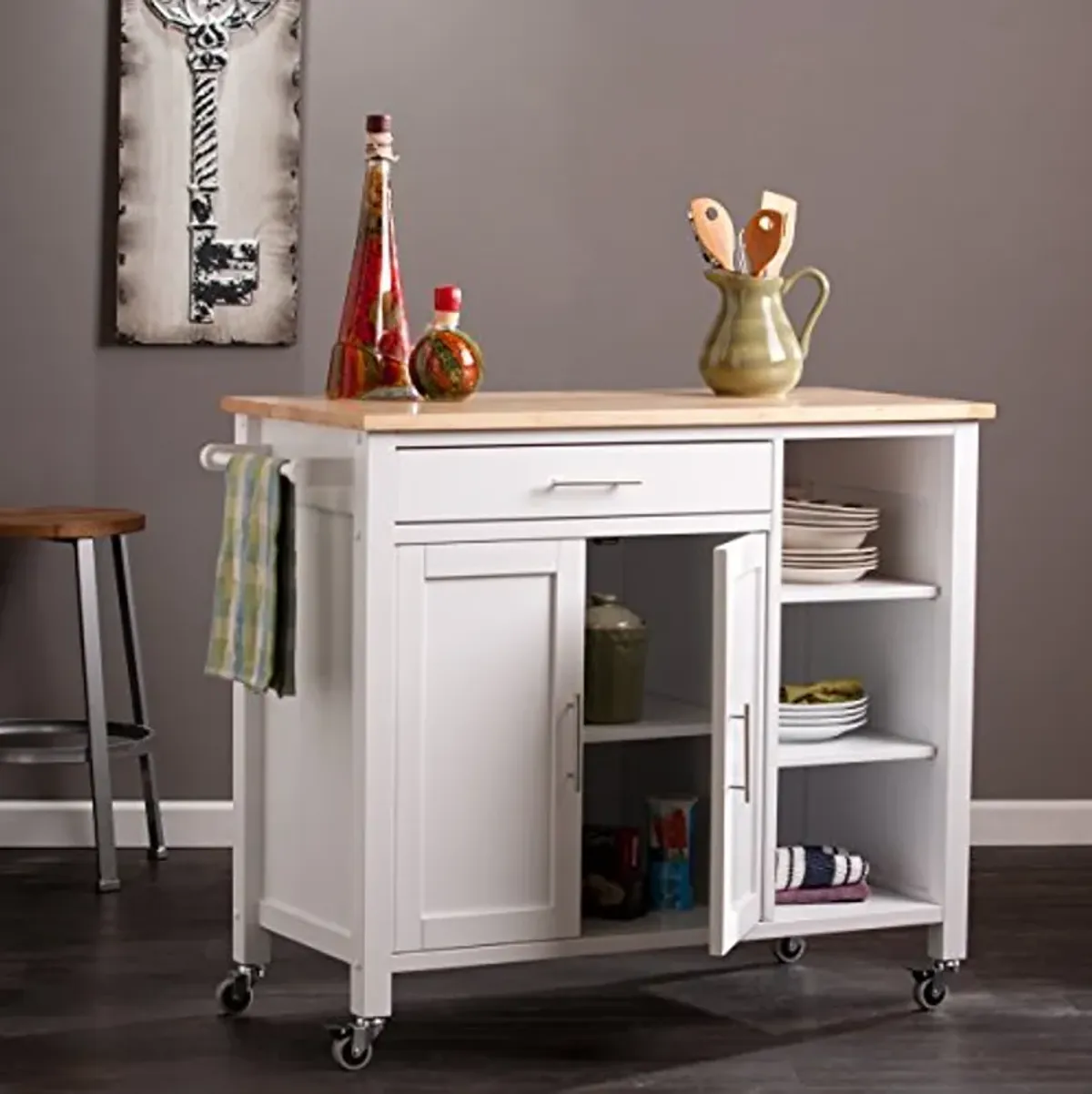 SEI Furniture Rolling Kitchen Cart Island - Fixed Shelves w/Cabinet - White Finish w/Wood Top, AMZ7723AK