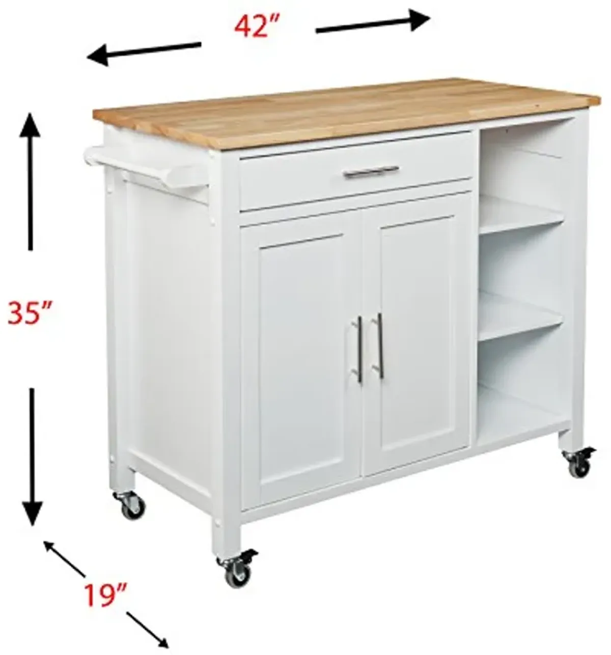 SEI Furniture Rolling Kitchen Cart Island - Fixed Shelves w/Cabinet - White Finish w/Wood Top, AMZ7723AK