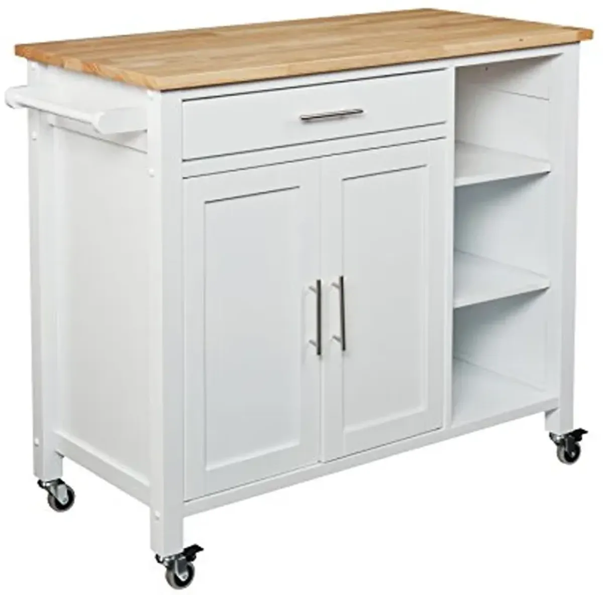 SEI Furniture Rolling Kitchen Cart Island - Fixed Shelves w/Cabinet - White Finish w/Wood Top, AMZ7723AK