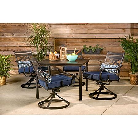 Hanover 5-Piece Navy Rockers Inch Montclair Swivel Chairs, Blue Cushions and 40" Square Table, Modern Outdoor Dining Set for 4, Premium All-Weather Patio Furniture for Backyard & Deck