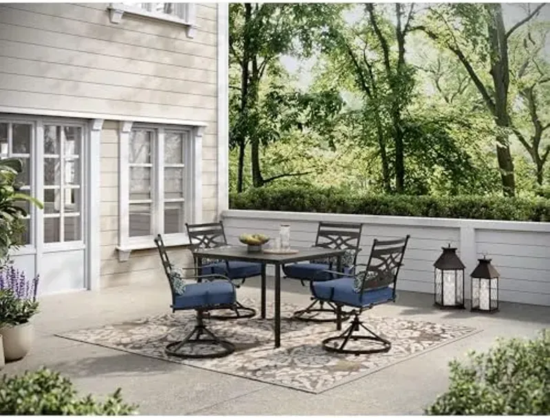 Hanover Montclair 5-Piece Outdoor Dining Set with Stamped Steel Square Dining Table and 4 Swivel Rocker Chairs with Cushions, Weather-Resistant Patio Dining Set for 4, Patio, Backyard, Deck
