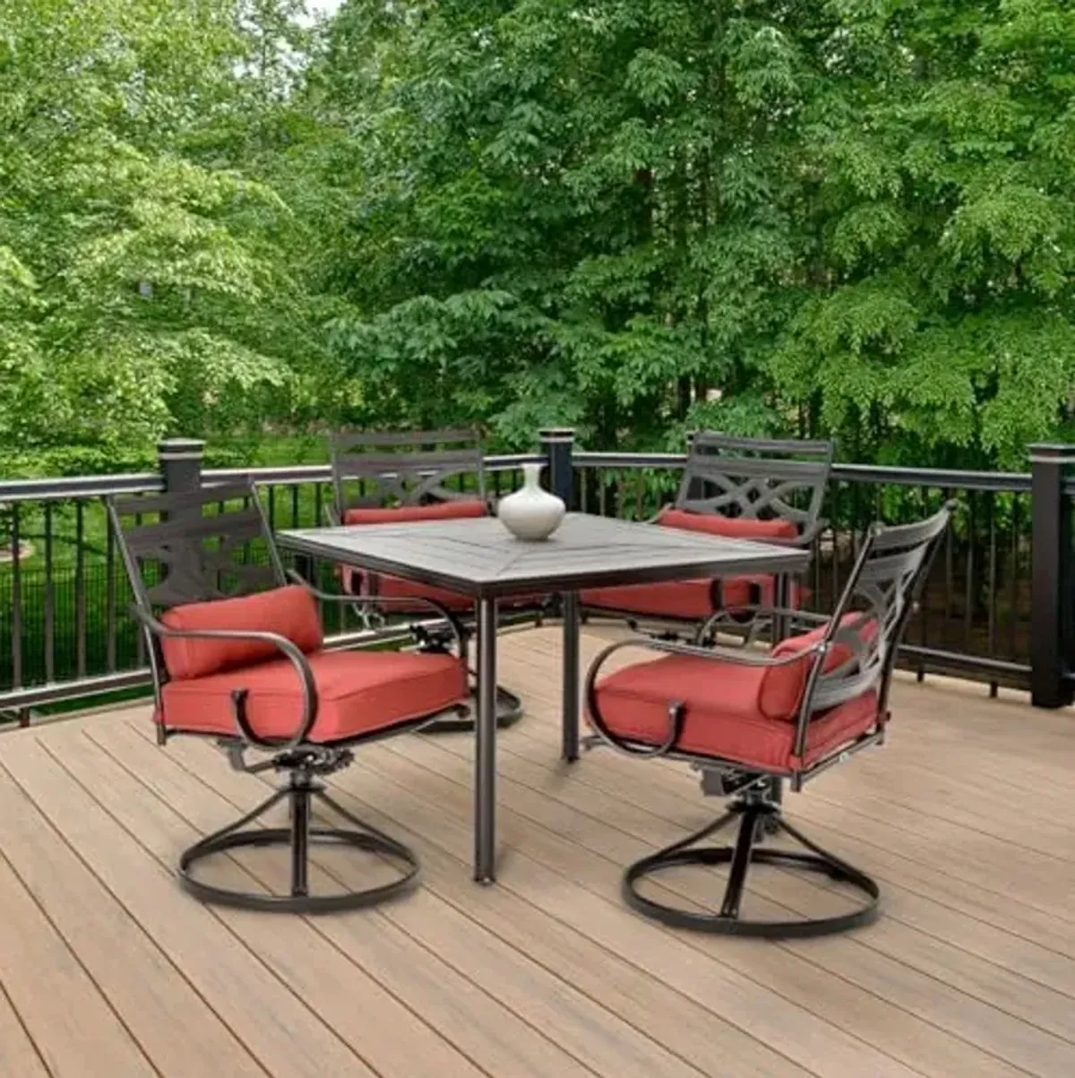 Hanover Montclair 5-Piece Patio Dining Set for 4 with 40'' Square Steel Stamped Table and 4 Red Chili Plush Cushioned Swivel Rocker Chairs, Modern All-Weather Outdoor Dining Set for Backyard and Deck
