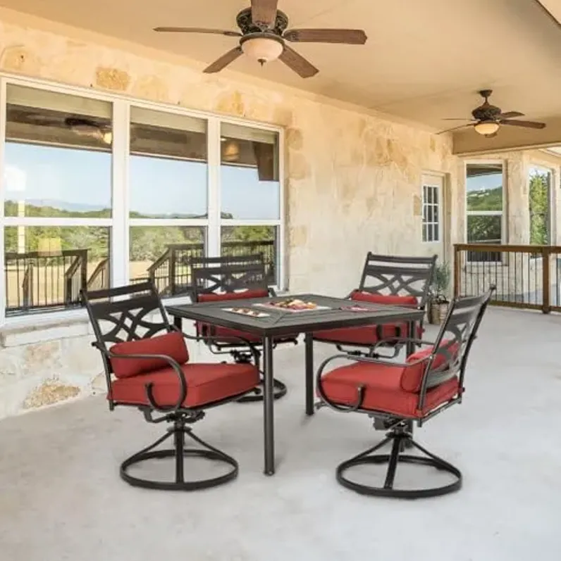 Hanover Montclair 5-Piece Patio Dining Set for 4 with 40'' Square Steel Stamped Table and 4 Red Chili Plush Cushioned Swivel Rocker Chairs, Modern All-Weather Outdoor Dining Set for Backyard and Deck
