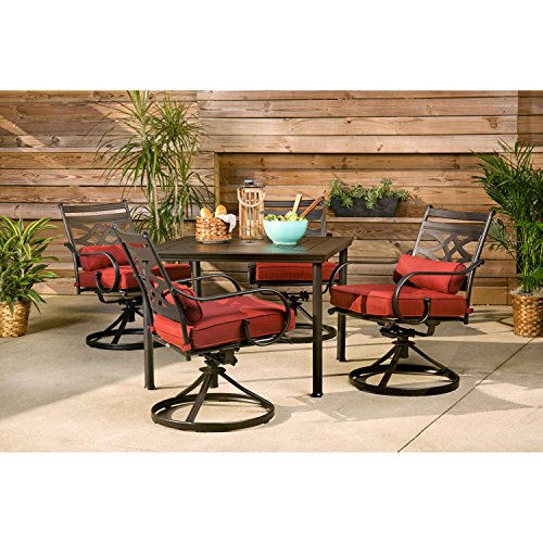 Hanover 40-Inch Montclair 5-Piece Patio Dining Set with 40'' Square Steel Stamped Table and 4 Red Chili Plush Cushioned Swivel Rocker Chairs, Modern All-Weather Outdoor Furniture for Backyard and Deck