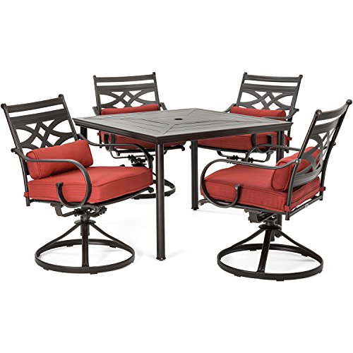 Hanover 40-Inch Montclair 5-Piece Patio Dining Set with 40'' Square Steel Stamped Table and 4 Red Chili Plush Cushioned Swivel Rocker Chairs, Modern All-Weather Outdoor Furniture for Backyard and Deck