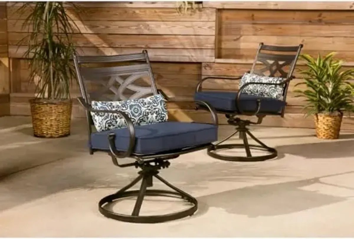 Hanover Montclair 7-Piece Outdoor Dining Set with 6 Swivel Rockers, Navy Blue Cushions and Stamped Steel Rectangular Dining Table, Patio Dining Set for 6, Premium All-Weather Patio Furniture for Deck