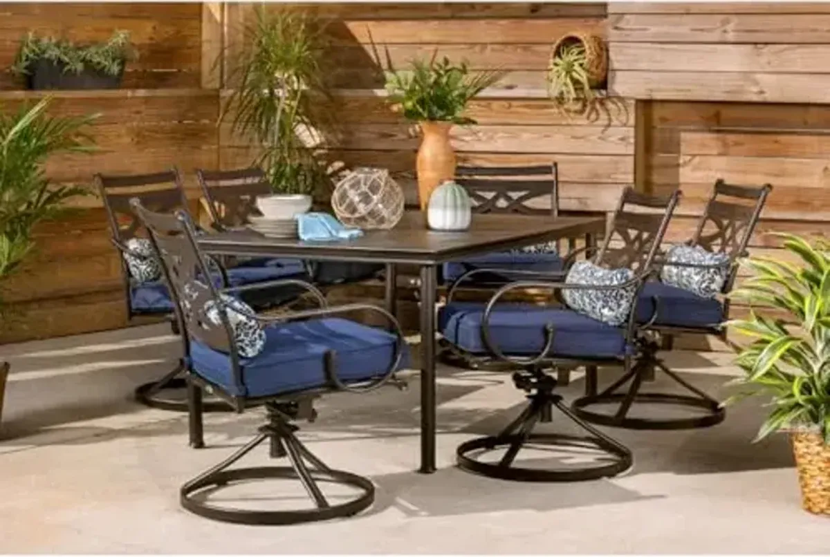 Hanover Montclair 7-Piece Outdoor Dining Set with 6 Swivel Rockers, Navy Blue Cushions and Stamped Steel Rectangular Dining Table, Patio Dining Set for 6, Premium All-Weather Patio Furniture for Deck