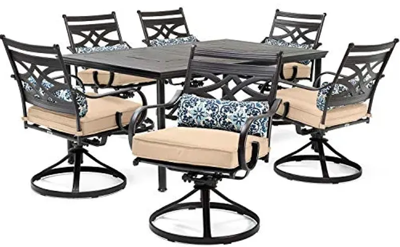 Hanover Montclair 7-Piece Outdoor Dining Set with 6 Swivel Rockers, Tan Cushions and Stamped Steel Rectangular Dining Table, Patio Dining Set for 6, Premium All-Weather Patio Furniture for Deck