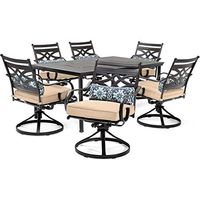 Hanover Montclair 7-Piece All-Weather Outdoor Patio Dining Set, 6 Swivel Rocker Chairs with Comfortable Tan Seat and Lumbar Cushions, 40"x66" Stamped Rectangle Table, MCLRDN7PCSQSW6-TAN