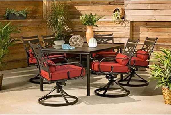Hanover Montclair 7-Piece Outdoor Dining Set with 6 Swivel Rockers, Chili Red Cushions and Stamped Steel Rectangular Dining Table, Patio Dining Set for 6, Premium All-Weather Patio Furniture for Deck