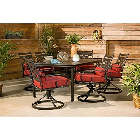 Hanover Montclair 7-Piece All-Weather Outdoor Patio Dining Set, 6 Swivel Rocker Chairs with Comfortable Chili Red Seat and Lumbar Cushions, 40"x66" Stamped Rectangle Table, MCLRDN7PCSQSW6-RED