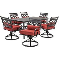 Hanover Montclair 7-Piece All-Weather Outdoor Patio Dining Set, 6 Swivel Rocker Chairs with Comfortable Chili Red Seat and Lumbar Cushions, 40"x66" Stamped Rectangle Table, MCLRDN7PCSQSW6-RED