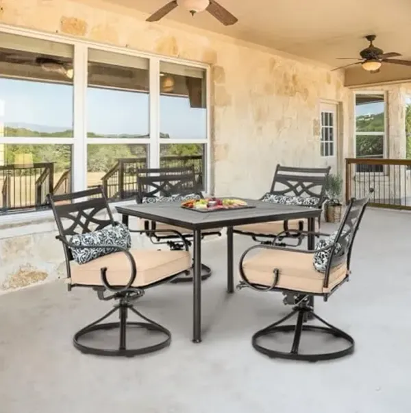 Hanover Montclair 5-Piece Patio Dining Set for 4 with 40'' Square Steel Stamped Table and 4 Tan Plush Cushioned Swivel Rocker Chairs, Modern All-Weather Outdoor Dining Set for Backyard and Deck