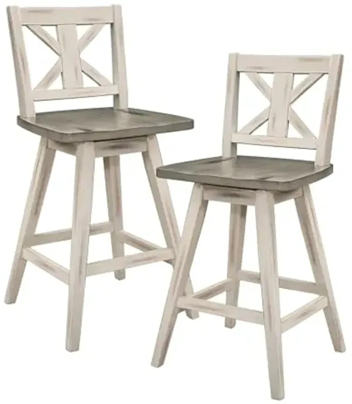 Counter Height Stools Set of 2 - Solid Wood High Back 360° Swivel Wooden Stools Counter Height, Foot Rest, X Back, Wide Seat, Farmhouse, Easy to Clean, 24" Seat Height, Distressed Gray/White
