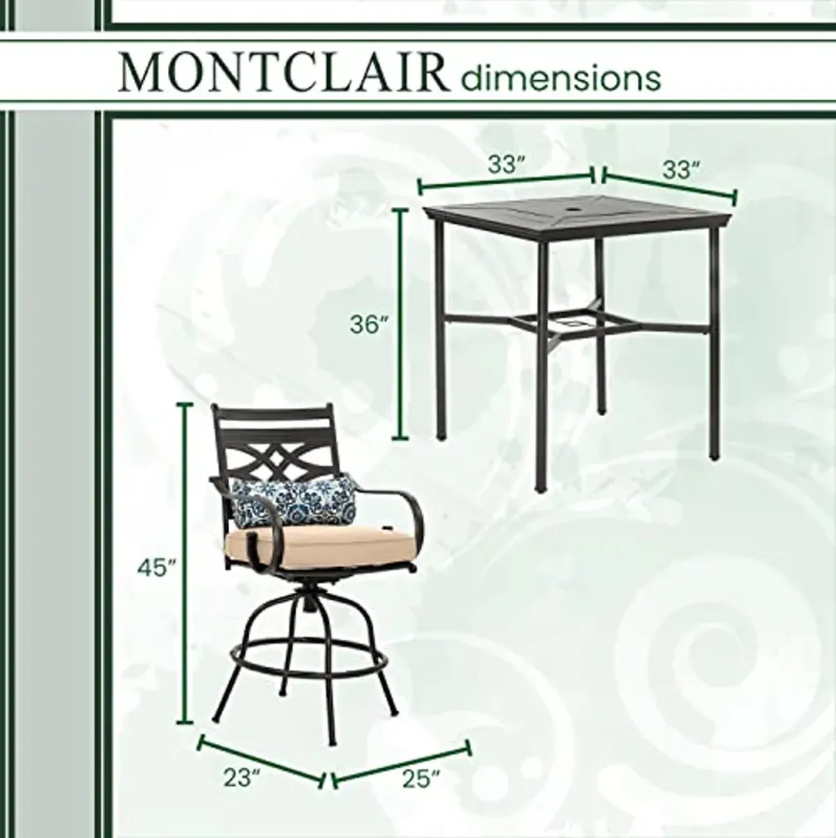 Hanover Montclair 3-Piece Outdoor High-Dining Set with 2 Cushioned Swivel Chairs and 33-Inch Square Stamped Rectangle Table for All-Weather Backyard Use on Patio, Porch, Deck, Tan