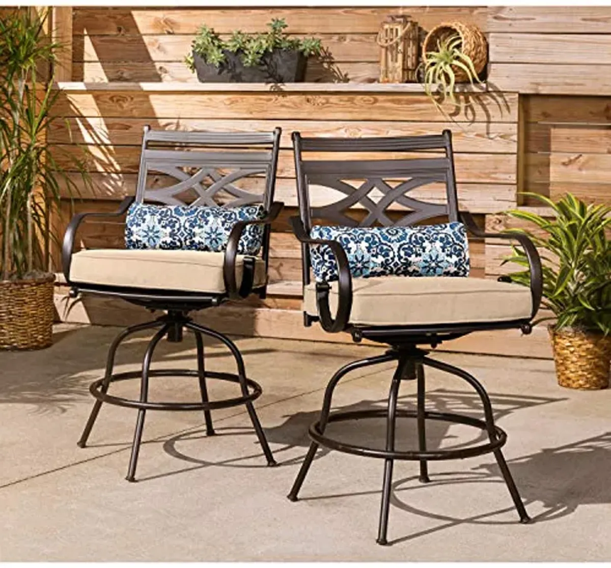 Hanover Montclair 3-Piece Outdoor High-Dining Set with 2 Cushioned Swivel Chairs and 33-Inch Square Stamped Rectangle Table for All-Weather Backyard Use on Patio, Porch, Deck, Tan