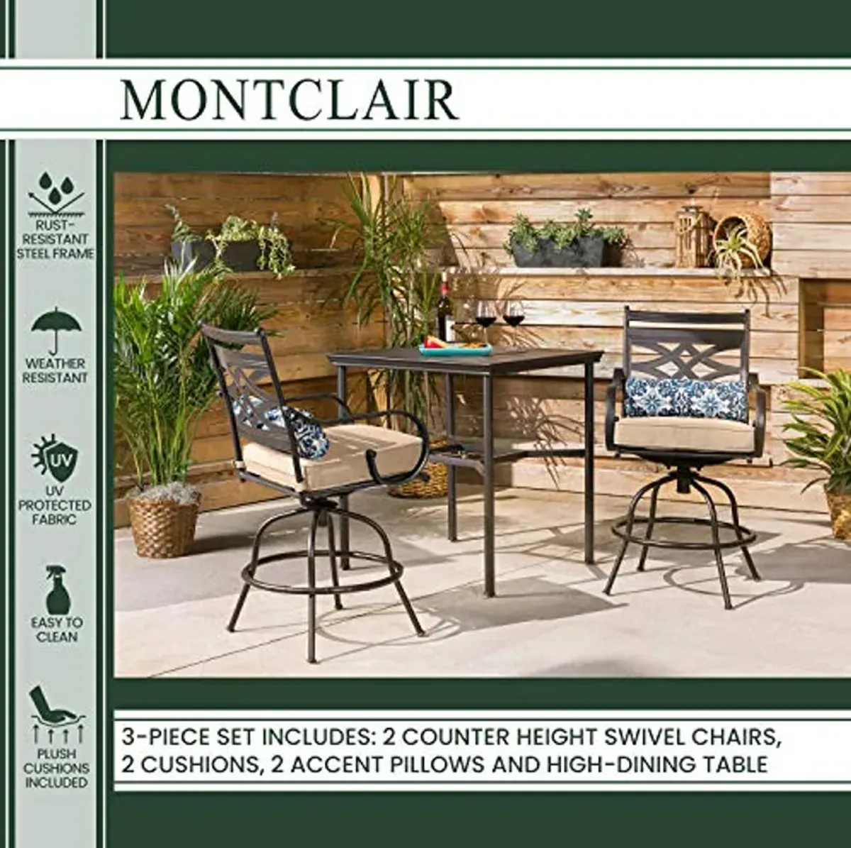 Hanover Montclair 3-Piece Outdoor High-Dining Set with 2 Cushioned Swivel Chairs and 33-Inch Square Stamped Rectangle Table for All-Weather Backyard Use on Patio, Porch, Deck, Tan