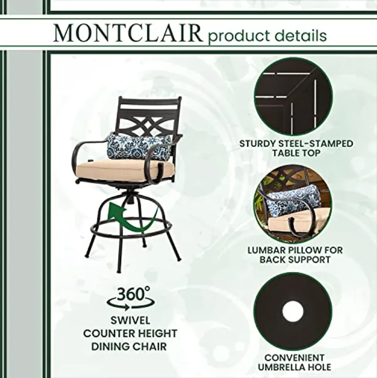 Hanover Montclair 3-Piece Outdoor High-Dining Set with 2 Cushioned Swivel Chairs and 33-Inch Square Stamped Rectangle Table for All-Weather Backyard Use on Patio, Porch, Deck, Tan