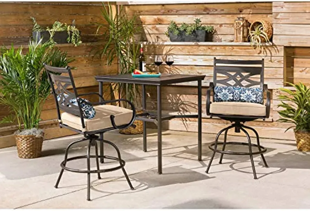 Hanover Montclair 3-Piece Outdoor High-Dining Set with 2 Cushioned Swivel Chairs and 33-Inch Square Stamped Rectangle Table for All-Weather Backyard Use on Patio, Porch, Deck, Tan