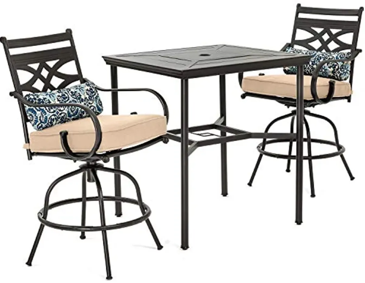 Hanover Montclair 3-Piece Outdoor High-Dining Set with 2 Cushioned Swivel Chairs and 33-Inch Square Stamped Rectangle Table for All-Weather Backyard Use on Patio, Porch, Deck, Tan