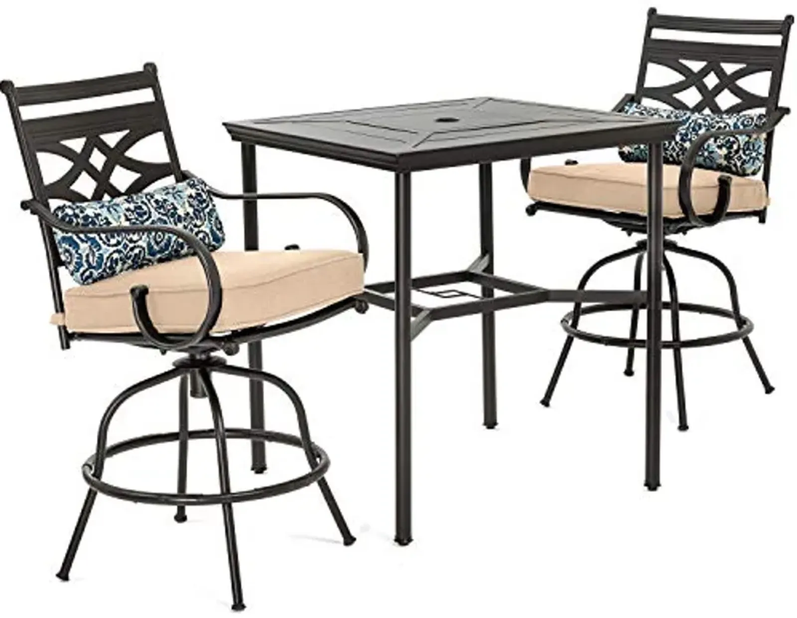 Hanover Montclair 3-Piece Outdoor High-Dining Set with 2 Cushioned Swivel Chairs and 33-Inch Square Stamped Rectangle Table for All-Weather Backyard Use on Patio, Porch, Deck, Tan