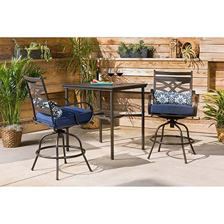 Hanover High Navy 33-Inch Montclair 3-Piece Outdoor Patio Dining Set Blue Cushions, 2 Swivel Chair, Stamped Steel Square Counter-Height Table