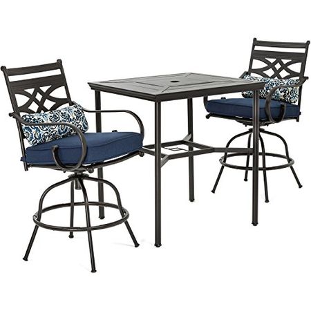 Hanover High Navy 33-Inch Montclair 3-Piece Outdoor Patio Dining Set Blue Cushions, 2 Swivel Chair, Stamped Steel Square Counter-Height Table