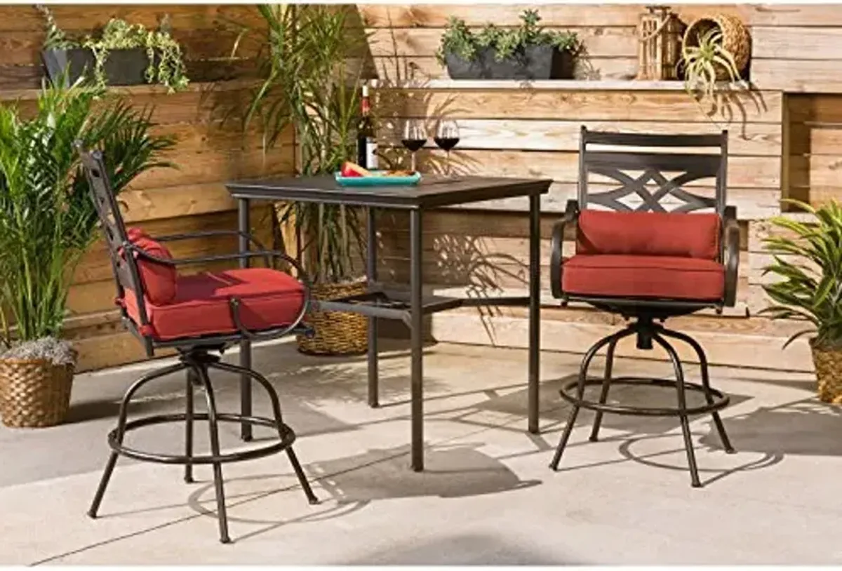Hanover Montclair Outdoor Patio Conversation Set with Chili Red Cushions, 2 Counter-Height Swivel Chairs and Stamped Steel Square Counter-Height Table, 3-Piece Bistro Set