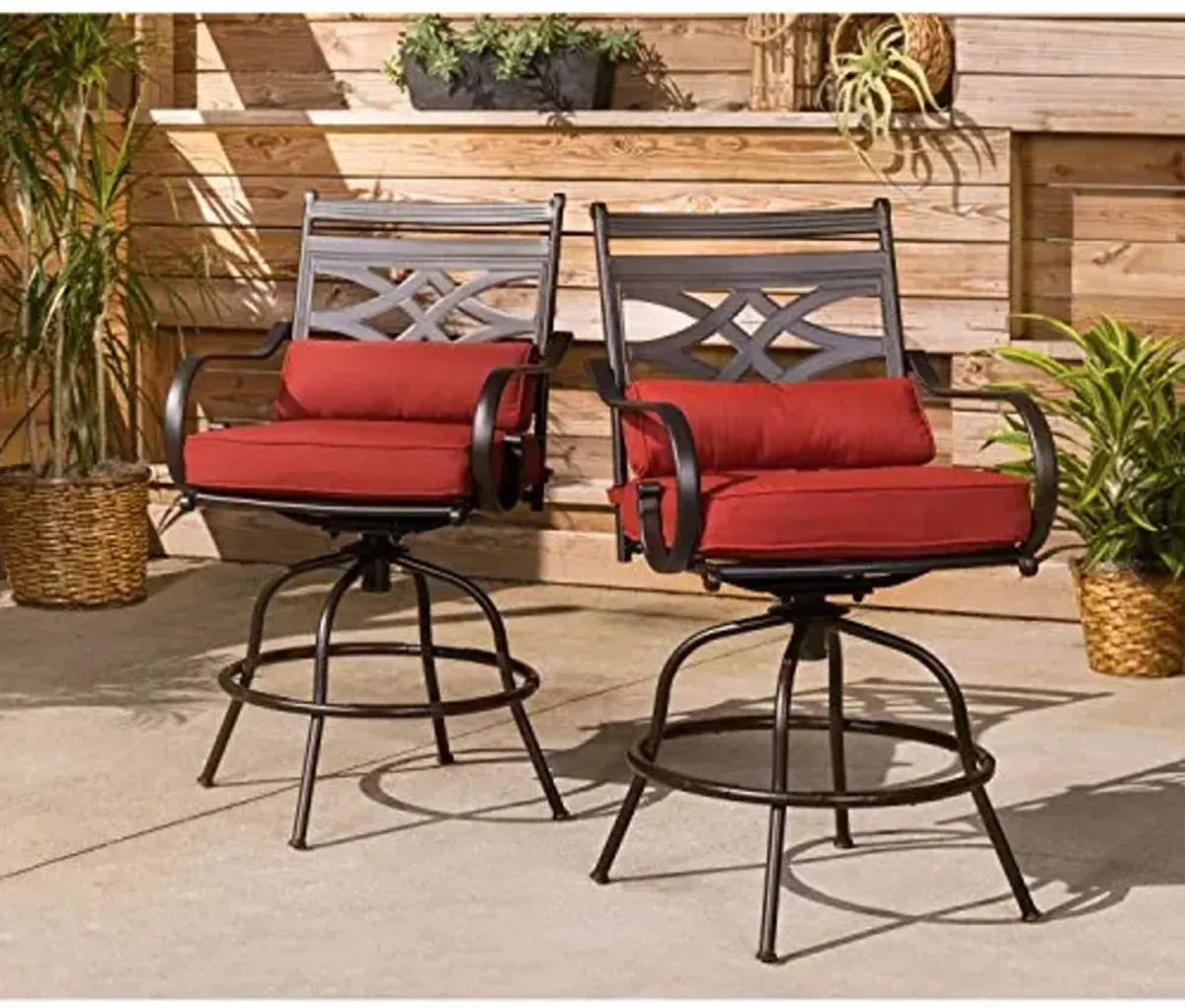 Hanover Montclair Outdoor Patio Conversation Set with Chili Red Cushions, 2 Counter-Height Swivel Chairs and Stamped Steel Square Counter-Height Table, 3-Piece Bistro Set