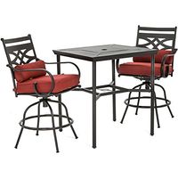 Hanover Montclair 3-Piece Steel Outdoor Patio Dining Set with Chili Red Cushions, 2 Counter-Height Swivel Chairs, and Stamped Steel Square Counter-Height Table