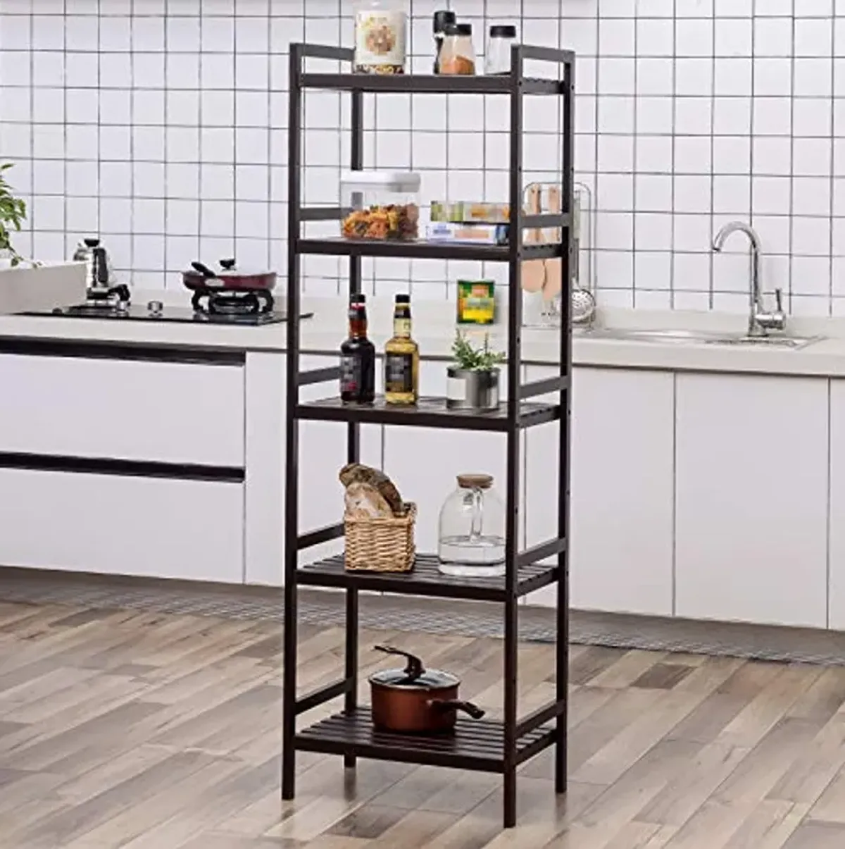 SONGMICS Adjustable Storage Shelf Rack, 5-Tier Multifunctional Shelving Unit Stand Tower, Bookcase for Bathroom Living Room Kitchen 17.7 x 12.4 x 55.9 inches, Holds up to 132 lb, Brown UBCB75BR