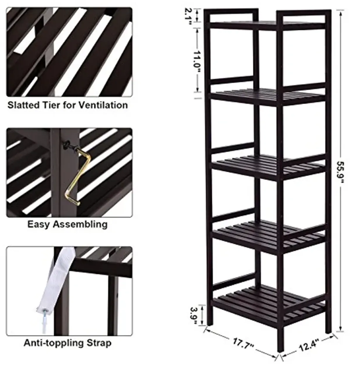 SONGMICS Adjustable Storage Shelf Rack, 5-Tier Multifunctional Shelving Unit Stand Tower, Bookcase for Bathroom Living Room Kitchen 17.7 x 12.4 x 55.9 inches, Holds up to 132 lb, Brown UBCB75BR