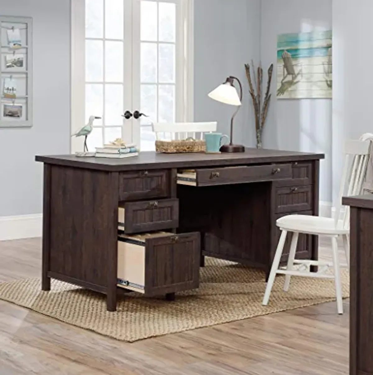 Sauder Costa Office Desk with Drawers, Executive Desk with File Drawer Storage, in Coffee Oak